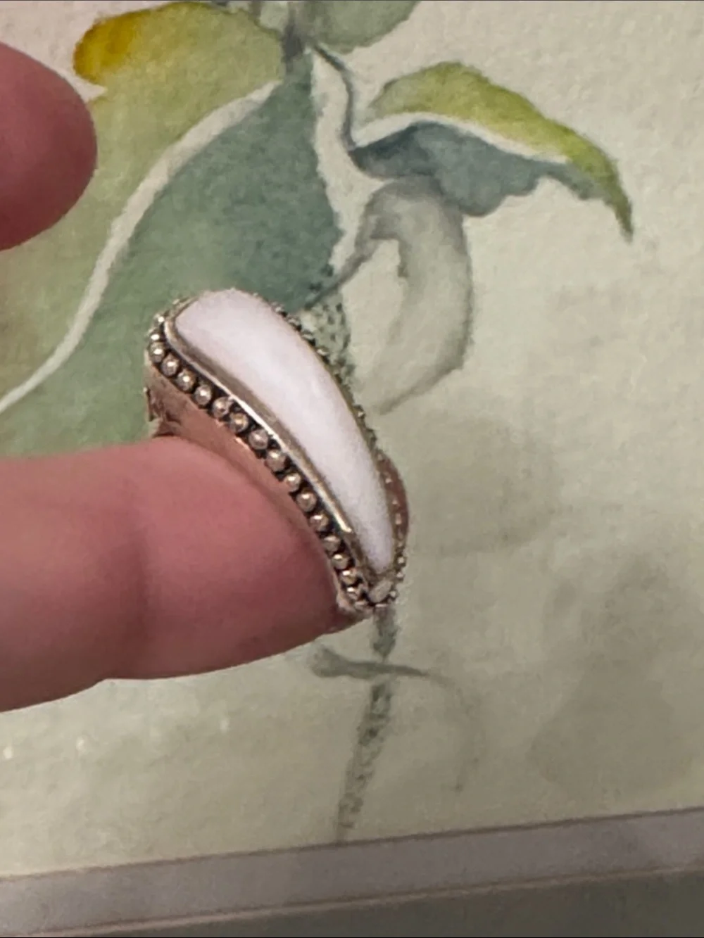 Sterling Silver Ring with White Center Stone and Beaded Edge